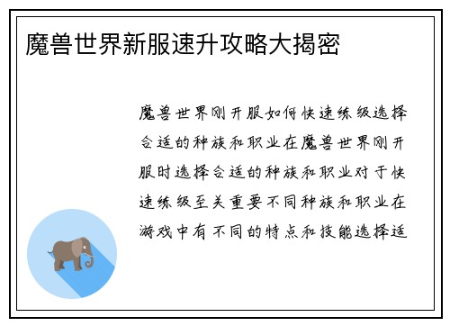 魔兽世界新服速升攻略大揭密